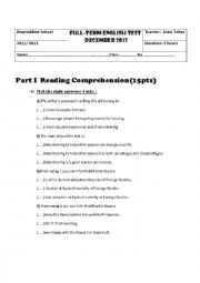 English Worksheet: End term English test for 3rd year arts Tunisian Curriculum