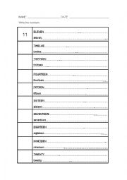 English Worksheet: numbers 11 -20