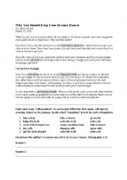 English Worksheet: Resumes - Why You Should Stay Honest & Colloquialisms