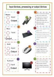 English Worksheet: Input devices, processing or output devices