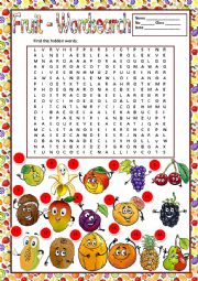 English Worksheet: FRUIT WORDSEARCH + KEY