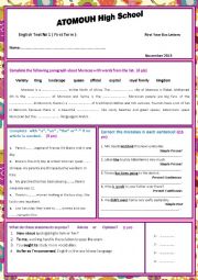 English Worksheet: First year Bac test