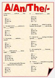 English Worksheet: a/an/the/-