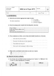 English Worksheet: Mid - term test 2 for 2nd form pupils 2014