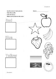 English Worksheet: Red, Blue, Yellow kinder matching