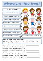 English Worksheet: WHERE ARE THEY FROM - MATCHING AND WRITING