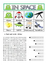 English Worksheet: IN SPACE - PICTIONARY - FIND AND CIRCLE - WRITE