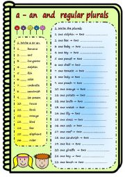 English Worksheet: A - AN and REGULAR PLURALS