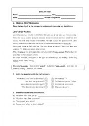 English Worksheet: reading Comprehension - daily routine