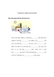 English Worksheet: Prepositions of place and furniture