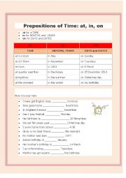 English Worksheet: Prepositions of Time: On, At, In