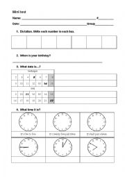 English Worksheet: ASSESSMENT. NUMBERS - DATE - TIME