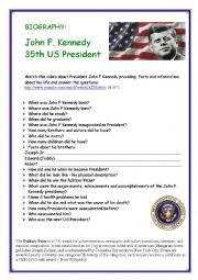 English Worksheet: Biography - John F. Kennedy -Video Session