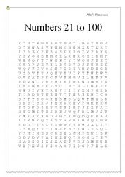 English Worksheet: Wordsearch: Numbers 21 to 100
