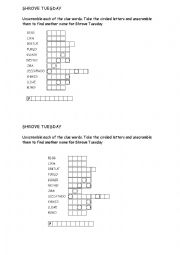 English Worksheet: Shrove tuesday scramble