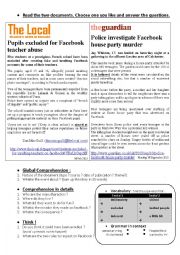 English Worksheet: Facebook misuses - students problems - news articles