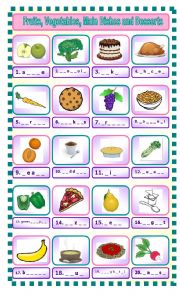 English Worksheet: Fruits, Vegetables, Main Dishes and Desserts