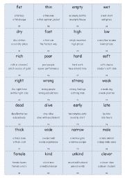 English Worksheet: Vocabulary Cards WITH COLLOCATIONS Elementary Set 3 (Adjectives 1)