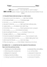 English Worksheet: so, because