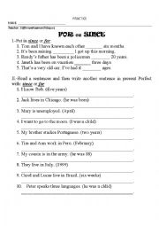 English Worksheet: For - Since