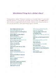 English Worksheet: What kind of things go in a writers diary?
