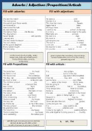 English Worksheet: Prepositions /Adverbs/Adjectives/Articals