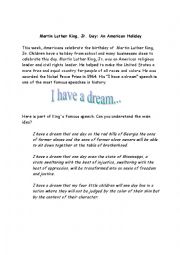 English Worksheet: Martin Luther King Jr. Reading and Writing