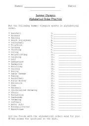 English Worksheet: Summer Olympics Alphabetical Order 