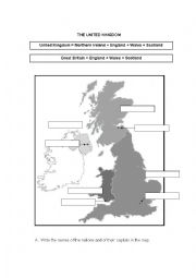 English Worksheet: UK - map of nations and capital cities