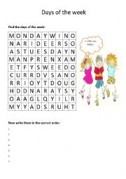 English Worksheet: Days of the week crossword