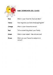 English Worksheet: M & M Icebreaker