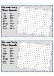 English Worksheet: Human Body Word Search