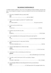 English Worksheet: Key Sentence Transformation (2) with key