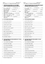 English Worksheet: Possesives adjectives and Subject Pronouns and statements with BE