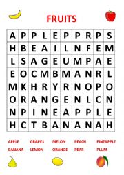 English Worksheet: Fruits wordsearch