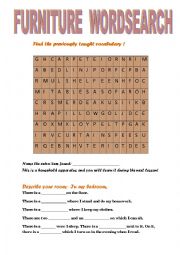 English Worksheet: FURNITURE-WORDSEARCH and describe your room activity!