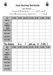 English Worksheet: daily routines battleship game