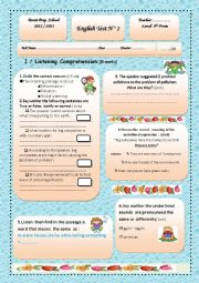 English Worksheet: MID TERM TEST  (9th forms) -Pollution/smoking