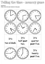 English Worksheet: Telling the time - memory game