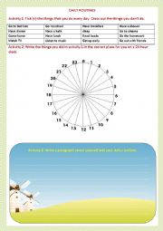 English Worksheet: daily routines with a 24-hour clock