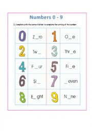 English Worksheet: Numbers 0-9