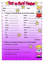 English Worksheet: PLURAL NUMBER TEST (part 1)