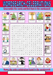 English Worksheet: Celebrations Wordsearch