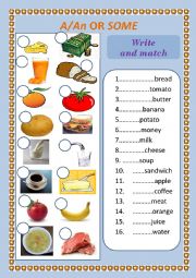 English Worksheet: Write and match  - A/ AN or SOME
