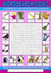 English Worksheet: Music Wordsearch