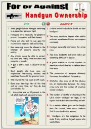 English Worksheet: FOR or AGAINST Handgun Ownership  (Debating)