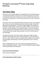 English Worksheet: 9th form Expressing intention + reading comprehension