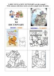 English Worksheet: MINI DICTIONARY NOUN-VERB TO LABEL. MAKE SENTENCES.