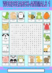 English Worksheet: Animals 1 Wordsearch