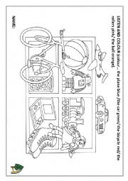 English Worksheet: Listeng and colour the toys